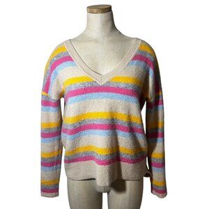 Charli sweater women's XS cream pink yellow stripe 100% cashmere v neck pullover